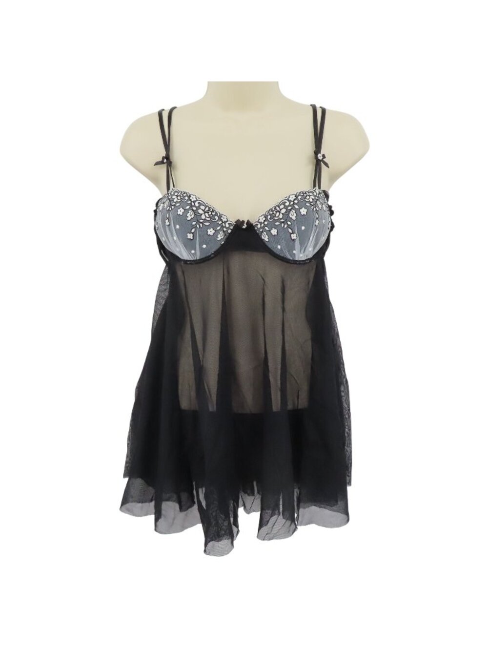 In Bloom Jonquil Small Black Sheer Mesh White Embroidered Flower Sleep Tank Top